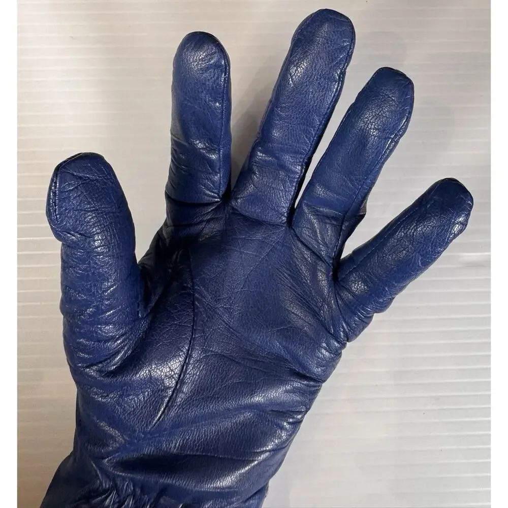 Lauren Ralph Lauren Blue Leather Gloves Womens L Gold Crest Buttons Lined